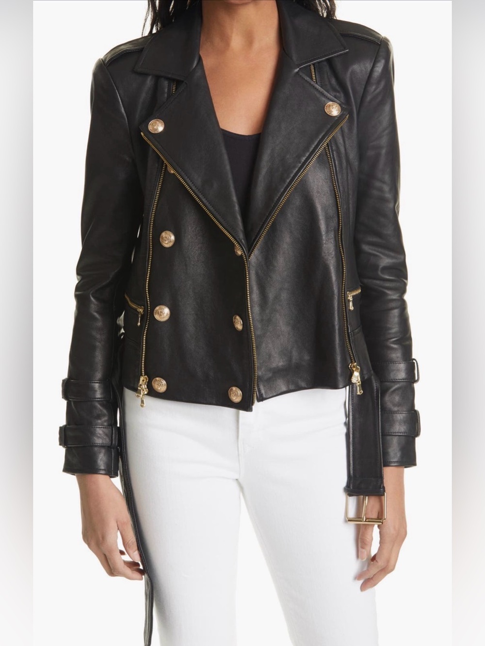 EUC L’AGENCE Billie Belted Leather Moto Jacket in Black size M